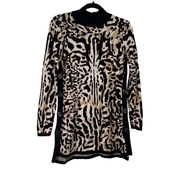 Chicos Animal Print Mock Neck Cashmere Blend Tunic Sweater With Side Buttons Siz - Picture 2 of 14